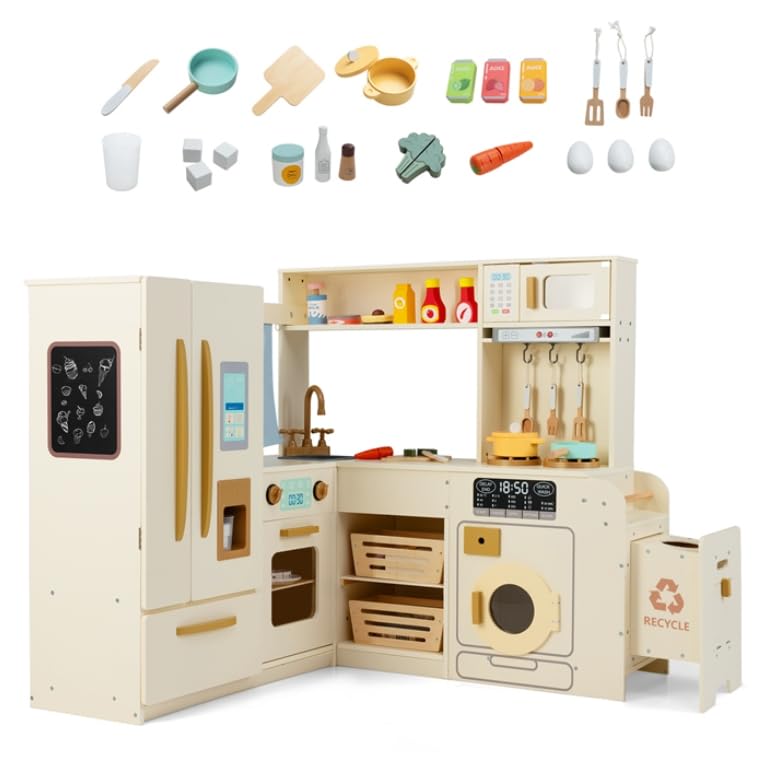 GOPLUS Cocina de Juguete de Esquina para Niñas, Cocinita Infantil con Frigorífico, Horno, Microondas, Lavadora y 22 Accesorios, Cocinita Infantil con Luces y Sonidos para Niños de 3+ Años