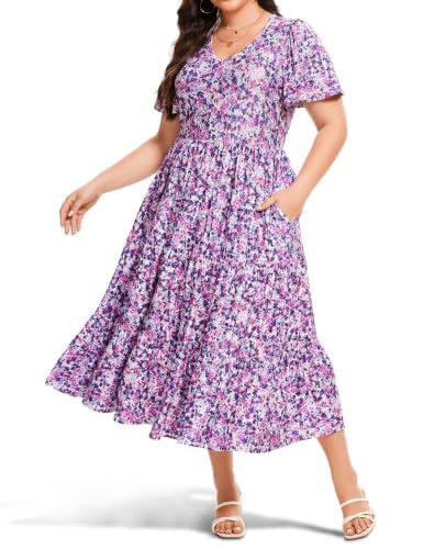 Image of Women's Plus Size Summer Dresses Floral Casual Tiered Midi Dresses V-Neck Short Sleeve Long Maxi Dress with Pockets