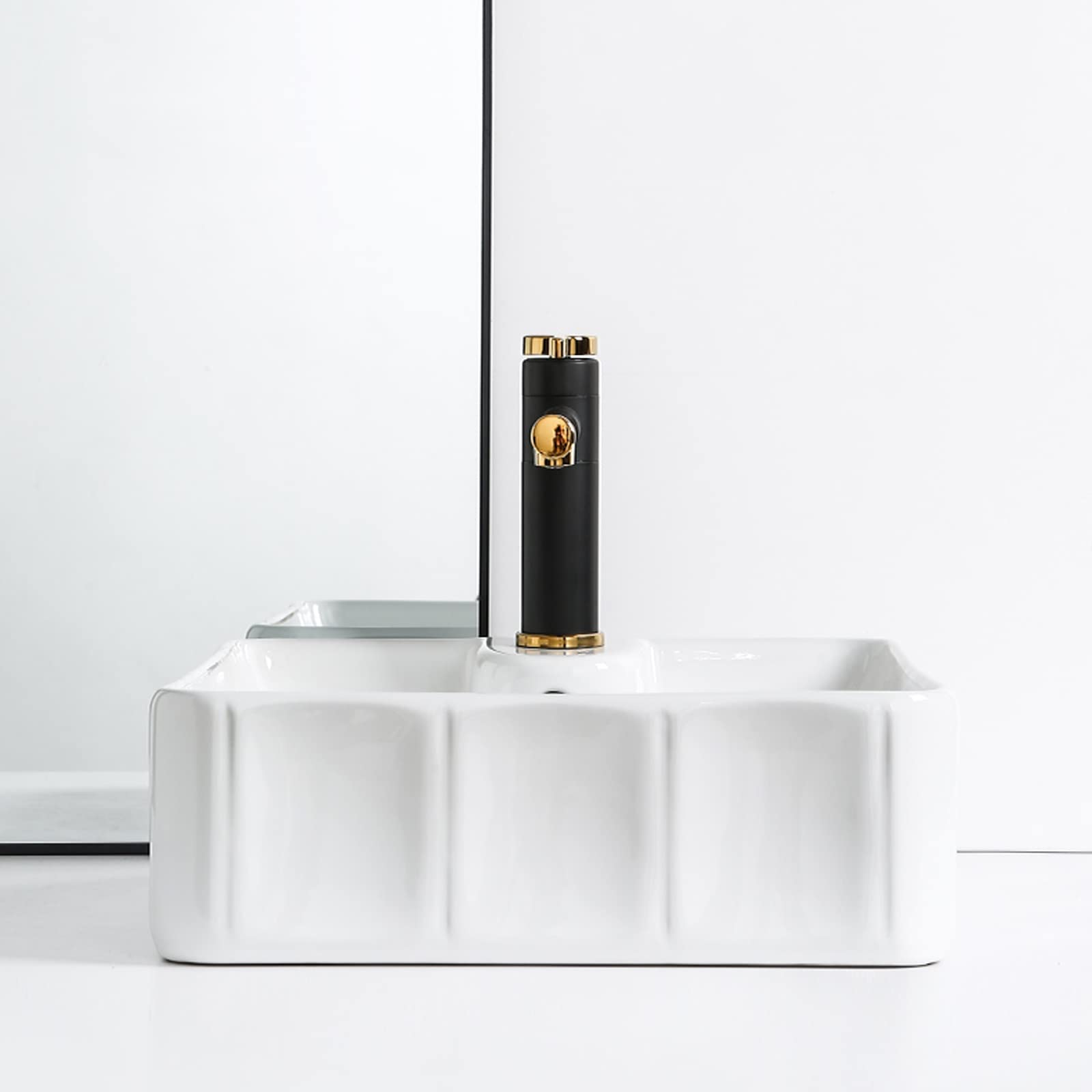 Baño Lavabo Combinación de fregadero y grifo de baño, 15x15 pulgadas, sobre encimera, lavabo de baño, lavabo blanco, fregadero pequeño con grifo negro mate Fregadero del baño