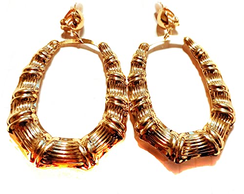 Divas Diggables Clip-On Earrings Oval Bamboo Hoop Earrings Gold Tone 2.5 Inch Long cover