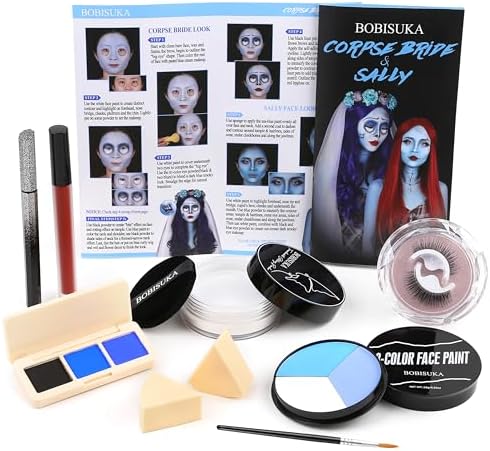 Halloween Sally Makeup & Corpse Bride Makeup Kit, Sally Costume Corpse Bride Make Up SFX Set with Light Blue Face Paint, Black Eyeliner, Lipstick & Faux Eyelash for Sally Face Cosplay & Dress-Up Party