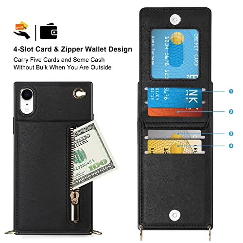 Vofolen For Iphone Xr Case Zipper Wallet Cover With Credit Card Holder Lanyard Crossbody Strap Women Girls Leather Magnetic Clasp Kickstand Heavy Duty Protective Square Flip Cover 6.1 Inch Black #TOP4