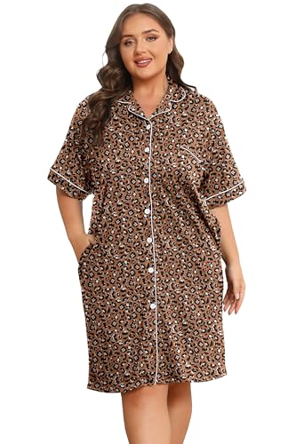 Image of Vozanet Women Button Down Nightgown Plus Size Nursing Nightshirt Boyfriend Nighty Bridal Sleepdress with Pockets XL-5XL
