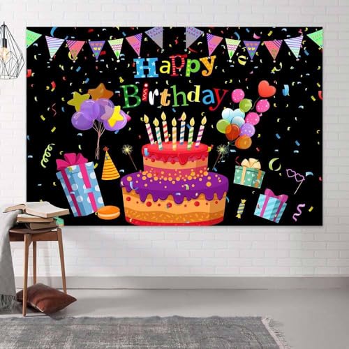 Image of 8X6ft Colorful Happy Birthday Backdrop, Birthday Party Backdrop with Cake, Balloons, Gifts & Confetti for Kids & Adults Black Photography Background,Banner Photo Shoot Studio Props