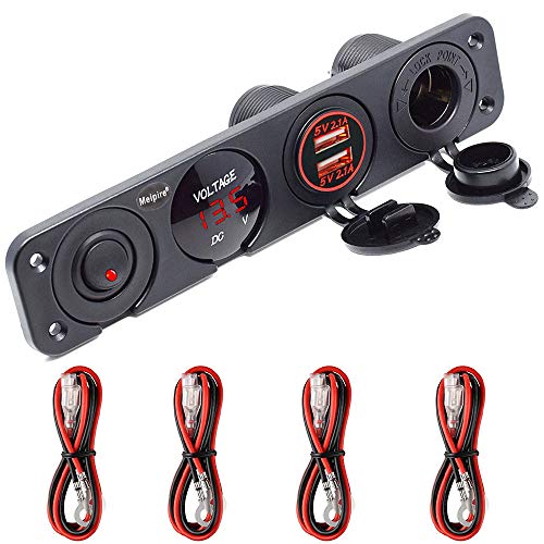 Meipire Voiture Chargeur Double 2.1A USB + LED Voltmètre + Prise + Interrupteur Panneau 4 Fonctions pour Voiture, Bateau, Caravane Cover