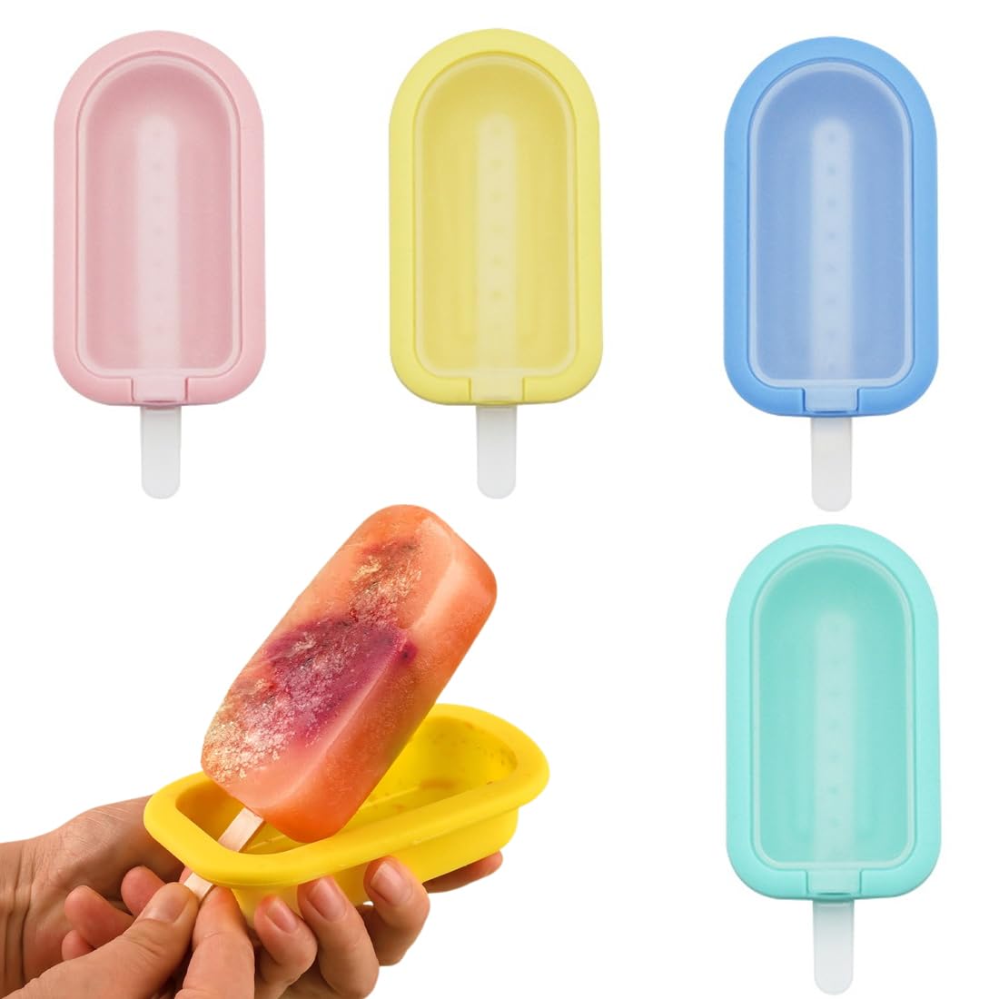 4 Moldes de Silicona para Helados y Polos Reutilizables, sin BPA, fácil desmolde para niños y adultos, 4 colores vibrantes para postres caseros DIY.