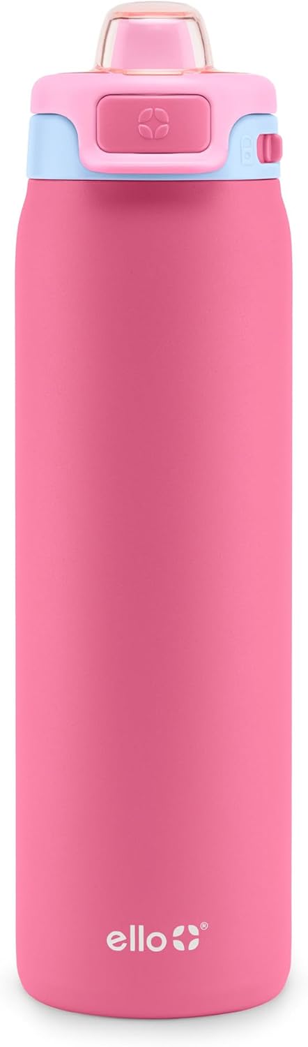 Ello Pop & Fill Stainless Steel Water Bottle with Quick Fill Technology, Double Walled Vacuum Insulated Metal, Leak Proof Locking Lid, Sip & Chug, BPA Free, Holiday Gift for Him Her, 22oz, 32oz, 40oz 22oz Cherry Breeze