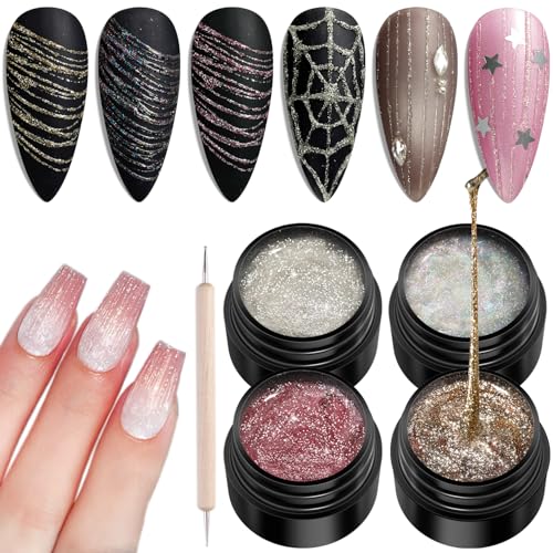 Fcozpjk Spider Gel for Nails 4 Colors Reflective Spider Gel for Nail Art Dazzling Glitter Gold Silver Pink Holographic Gels Polish with Dotting Pen Liner Paint Wire Drawing Design Manicure UV Cure