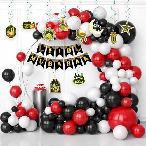 Image of Rozi Decoration Eid Mubarak Balloons Garland Decorations Set of - 73 Pcs with Banner, Swirls, Balloons, Arch & Glue Dot for Ramzan Decorations, Eid Decorations for Home