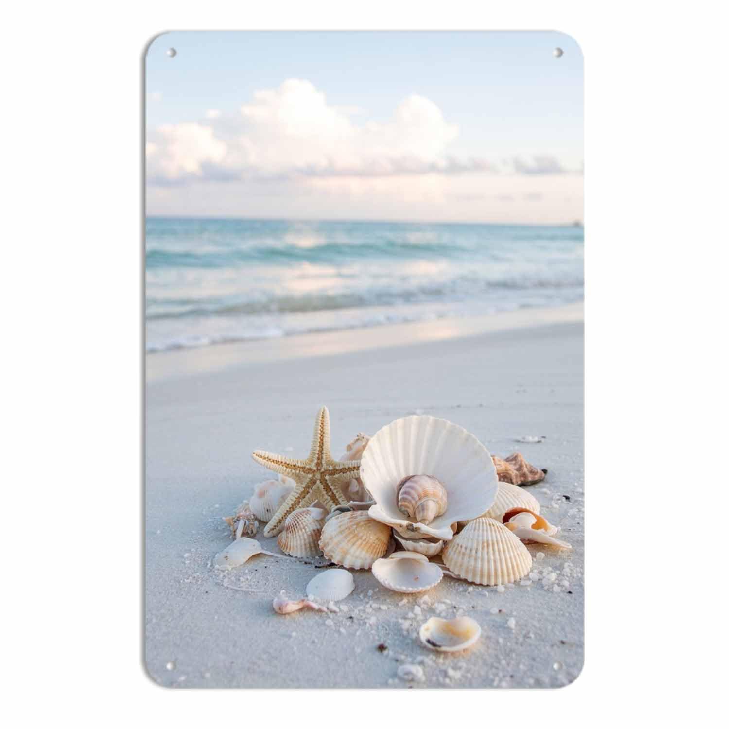 peiyeety Beach Seashells Starfish Metal Wall Sign, Vintage Coastal Theme 6x8 Inch