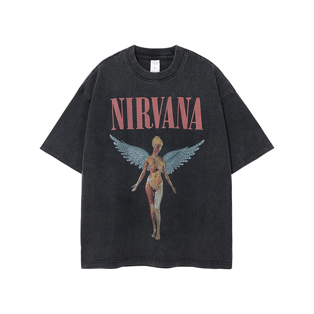 [アマゾンらく店] ニルヴァーナ イン ユーテロ Tシャツ 男女兼用 バンドTシャツ 半袖 プリントT レトロ調 ゆったり ボロボロ ユニセックス 短袖 夏 オーバーサイズ ゆるかわ ファッション プレゼント ギフト