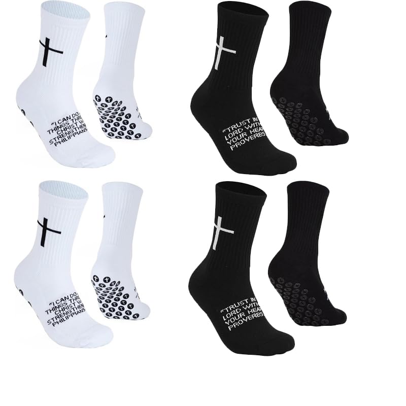 BeSlivewell 4 pares de calcetines de fútbol con agarre cruzado, antideslizantes, calcetines deportivos cristianos, calcetines de fe religiosa con puntos de goma (blanco y negro)