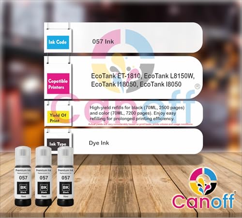 Image of CANOFF Premium 057 Refill Ink Bottle - High Page Yield, Quick Dry, Dye-Based Printer Ink for Vibrant Printing, Compatible with Epson L8050, L18050 Ink Tank Printer - (057 Black 3pc.)
