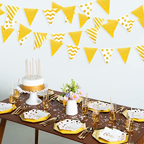 Image of 39Ft White and Gold Party Decorations Polka Dot Stripe Triangle Pennant Banner Glitter Foil Paper Flag Bunting Garland for Birthday Graduation Anniversary Wedding Bridal Baby Shower Hen Party Supplies