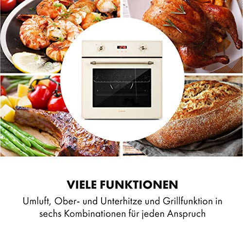 Klarstein Elizabeth - Elektrischer Einbaubackofen, Retro-Design, 70L, EEK A, Autark, Umluft/Ober- / Unterhitze/Grill, 2200 Watt, 50-250 °C, Drehregler und Türgriff in Messingoptik, creme – Bild 5