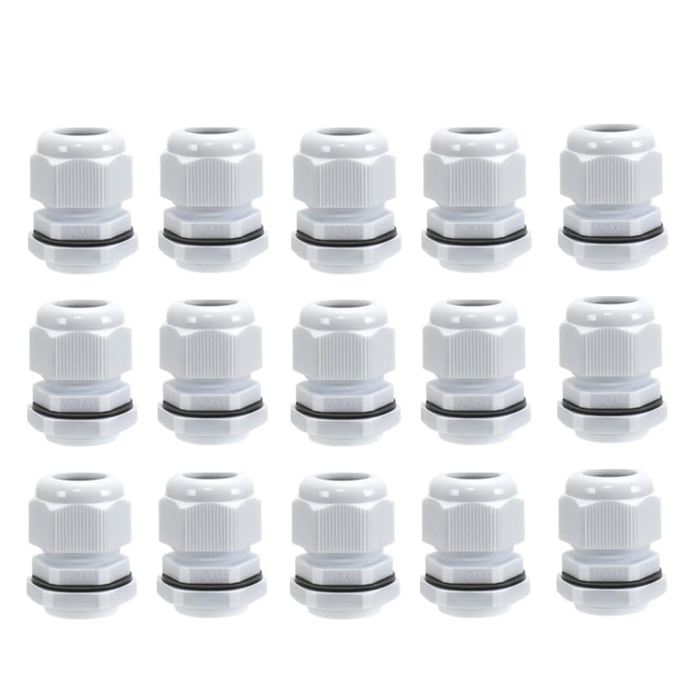 15 Pack M20 20mm IP68 Waterproof Black Cable Glands, Suitable for 6mm - 12mm Cables, Plastic Nylon Compression Glands Connectors with Locknut and Washer - (White)