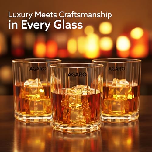 Image of AGARO Elegant Whiskey Glass, Set of 6, 325ML, Vertical Stripe Cut Design, Crystal Clear Tumbler Set, Home, Bar Drinking Glass Set for Scotch, Whisky, Bourbon, Liquor, Wine, Cocktail Drinks, Gifting