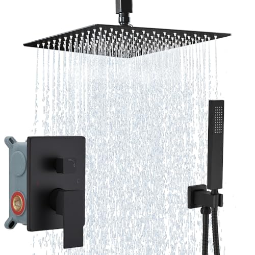 YCAIKOI 12 Inch Matte Black Ceiling Mount Shower System Bathroom Luxury Rain Mixer Shower Combo Set...