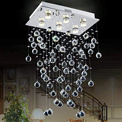 Modern Rectangular Crystal Chandelier Flush Mount LED Raindrop Ceiling Lighting Fixture for Kitchen Island Dining Room 6 Light Bulbs Included