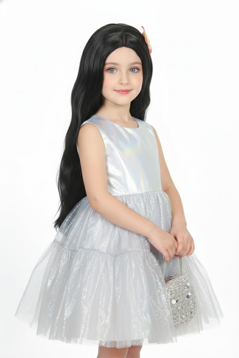 Kids Wig Black 24 Inch Straight Synthetic Hair with Beautiful Flower Accessory Centre Part Design Shiny Lightweight Wig Easy to Wear & Remove Cap Size 18–20 Inch-image-39