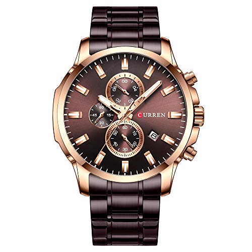New Watch Men Fashion Sport Watch Stainless Steel Band Quartz Wristwatch Military Chronograph Clock Male Waterproof 8348 (Rose Gold Brown)