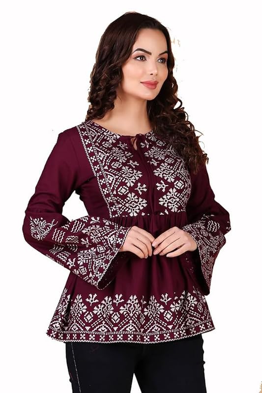 Image of MAHIRA'S Women's Short Kurti, Black Rayon Tunic Top with Embroidered Sleeves, 3 /4 Designer Sleeves