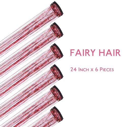 Image of WENNALIFE Hair Tinsel Clip In for Girls Red, 6pcs 24 inch Clips Tinsel Hair Extensions Clip in Colorful Glitter Clips Sparkle Fairy Hair Accessories for Kids