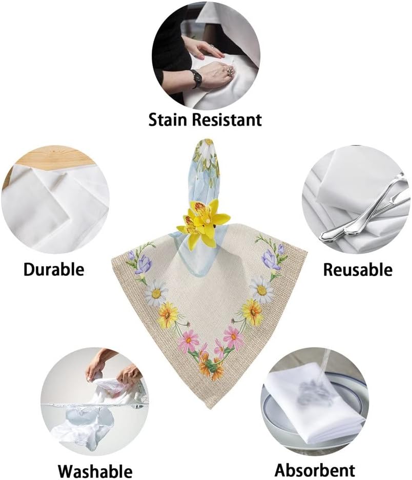 Ladybug Vase Daisy Flower Cloth Napkins Set Festive Banquet Wedding Decor Tea Towel Kitchen Dinner Table(6pcs)