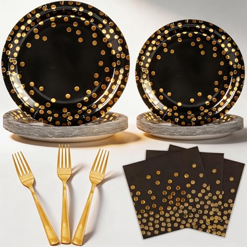 Yinbanban 100 Pack Disposable Dinnerware for 25 Guests Include Black Paper Plates 9 Inch 7 Inch Cocktail Napkins with Gold Foil Polka Dots Design and Forks Great for Fathers day Wedding Birthday