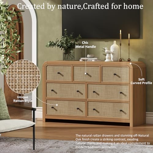Image of Oak&Sparrow 7 Drawer Dresser for Bedroom, 49'' Rattan Dresser with Ample Storage, Boho Chest of Drawers, Thickened Curved Profile Design, Oak Dressers for Bedroom, Living Room