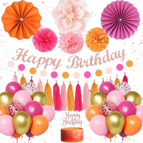 Decoration Anniversaire Femme Fille, Ballon Anniversaire Rose et Orange, Happy Birthday Bannière, Décoration de Fête D'anniversaire mit Pompons en Papier pour Fille Femmes