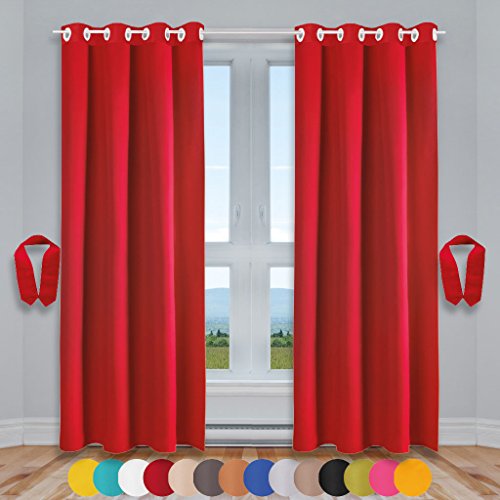 Bestlivings Lot de 2 rideaux décoratifs à œillets avec embrasses et crochets, 140 x 145 cm, Polyester, Rouge - Carmin, 140 x 245 cm