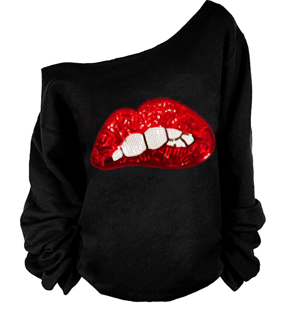 MAGICMK Woman’s Sweatershirt Lips Print Causal Blouse Off The Shoulder Long Sleeve Loose Slouchy Pullover Plus Size Tops