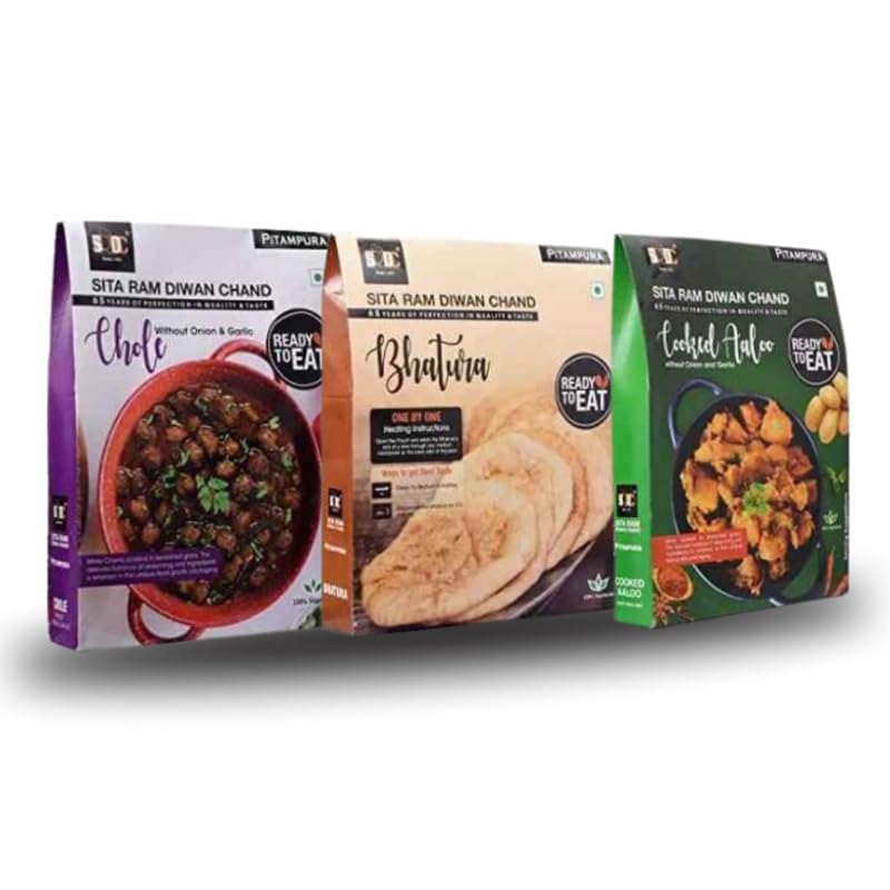 Sita Ram Diwan Chand Ready to Eat, Pack of 3 Chole Without Onion & Garlic, Bhatura, Cooked Aaloo 300 Gram Each, No Preservatives | No Artificial Flavors | 100% Natural Ingredients | Tasty Snacks