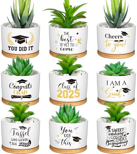 Domensi 9 Pcs Graduation Gifts Ceramic Succulent Plant Pot with Bamboo Tray Small Funny Succulent Planter Ceramic Planter Accessories for Graduation Gifts