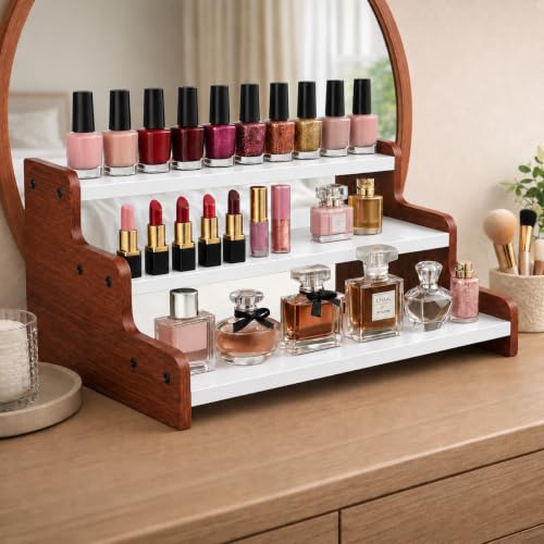 Image of FireBees Kitchen Organizer Rack | 3 Tier Wooden Kitchen Shelf Organisers & Shelf Riser for Counter Top | Wooden Kitchen Storage Stand | Rack for Spice Bottles, Jars, Seasonings (WHITE ORANGE)