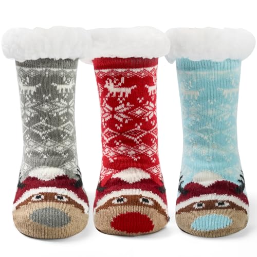 Kids Boys Winter Socks Warm Fuzzy Socks for Girls Home Floor Soft Lined Fluffy Socks with Grips 3 Pack