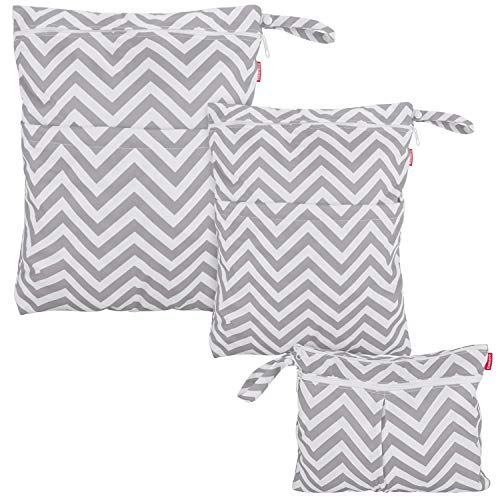 Image of Damero 3pcs Travel Wet and Dry Bag Organizer with Handle for Cloth Diaper, Pumping Parts, Swimsuit and More, Easy to Grab and Go, Gray Chevron