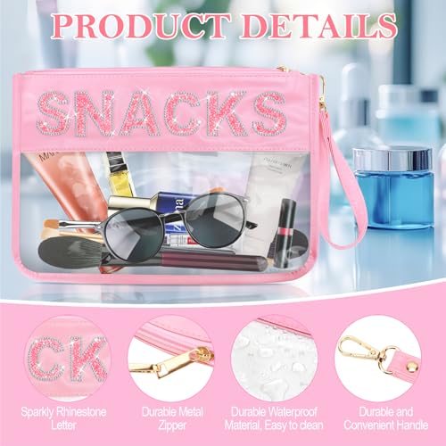 Clear Snack Bag For Travel Beach Work Waterproof, Bling Rhinestone Letter Cosmetic Bags Travel Toiletry Bag,Cute Snack Pouch Organization,Personalized Makeup Bag Gift For Women Girls (Pink-Snacks)3