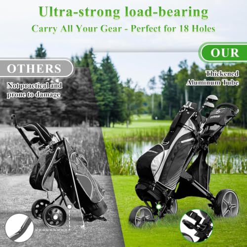 Image of Tivor 3 Wheel Golf Push Cart, Lightweight Push Cart Golf One-Click Folding, Adjustable Height Pushcart for Golf Bags, Compact Design for Ladies, Junior Golfers