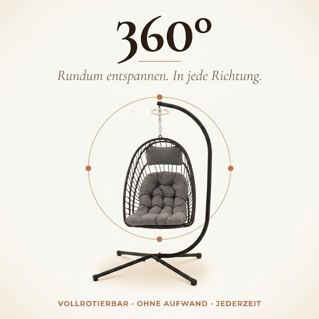 ONBEST Hängesessel mit Gestell – 360° Hängestuhl, Grau | Klappbarer Hängekorb mit Polster, Schutzhülle und 130 kg Belastbarkeit – für Garten, Balkon, Wohnzimmer, Outdoor & Indoor