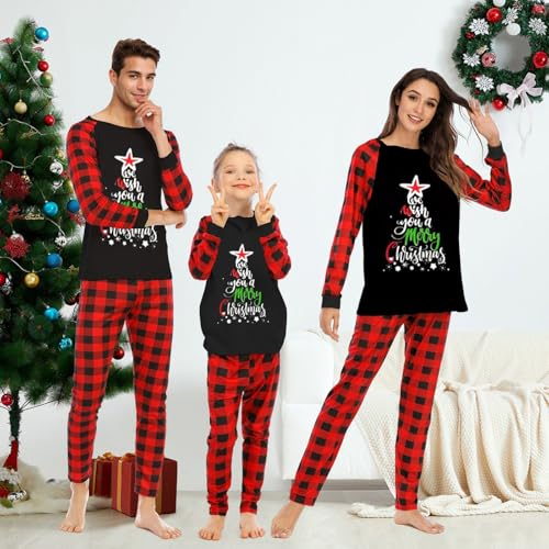 Feionusin Family Christmas Pajamas Matching Sets, Xmas Pjs Sets Holiday Sleepwear Matching Pajamas Long Sleeve Nightwear Set 23-Red | Christmas Tree2