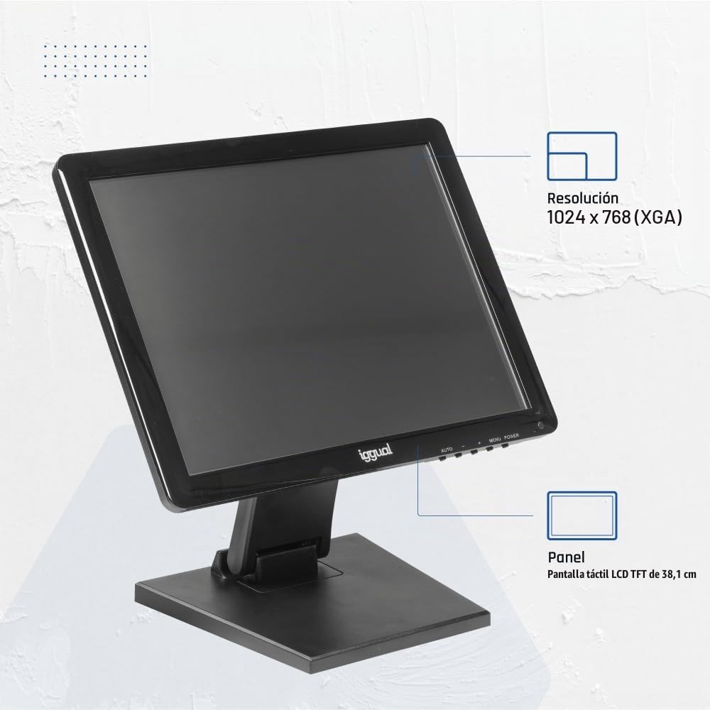 iggual Monitor Táctil de 15" - Compat Aplicaciones TPV- Panel Resistivo 75Hz TFT LCD (4:3)- SO: Wind XP hasta 11,MS-Dos, Linux- VESA 75x75mm- USB-A + VGA+HDMI, 1.024x768 XGA (349x274x69) MTL15C