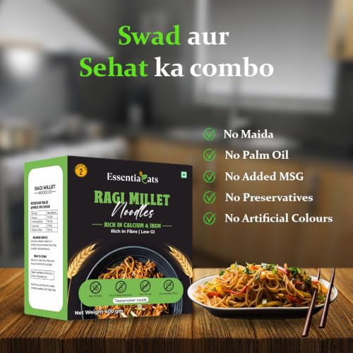 Image of Essentiaeats Ragi Millet Noodles Includes Tastemaker 1200g Pack of 6, No Maida Not Fried No Preservatives No MSG Healthy HakkaNoodles Ready to Cook