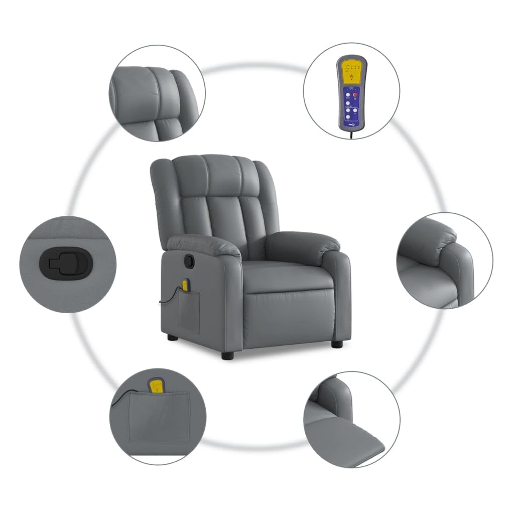 Sillón de masaje de relax de piel sintética gris con 6 puntos de masaje de vibración, función de descanso manual hasta 135 grados, reposabrazos anchos, bolsillo lateral, 78 x 92 x 98 cm