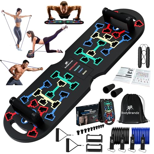 BodyBrandz Push Up Board – Pushup Board Exercise Equipment with Resistance Bands, Pushup Handles – Fitness Equipment for Strength Training, Full-Body Workout – Foldable Push Up Board for Home, Gym