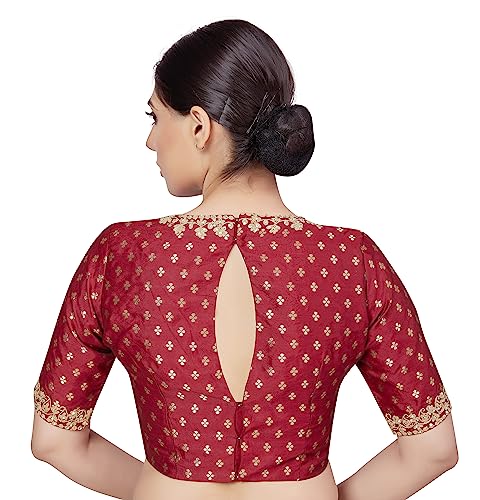 Image of Studio Shringaar Women's Brocade Embroidered V-Neck Readymade Elbow Length Sleeves Saree Blouse