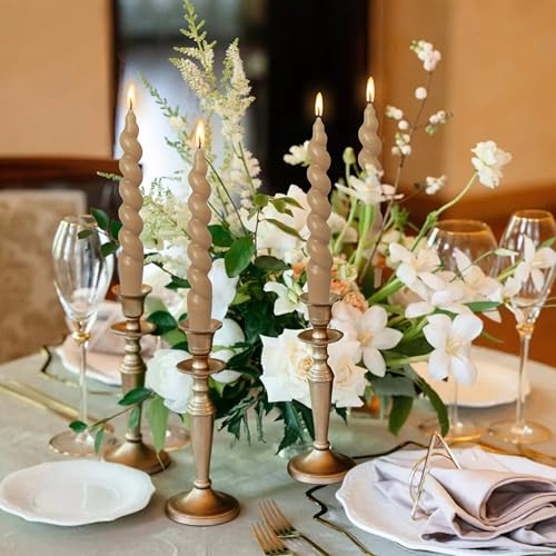 Image of Tan Beige Spiral Taper Candles 7.5 Inch Short Candlesticks Smokeless Twisted Candles Unscented Candle Sticks Handmade 4 PCS for Romantic Gifts Christmas Dinner Decor