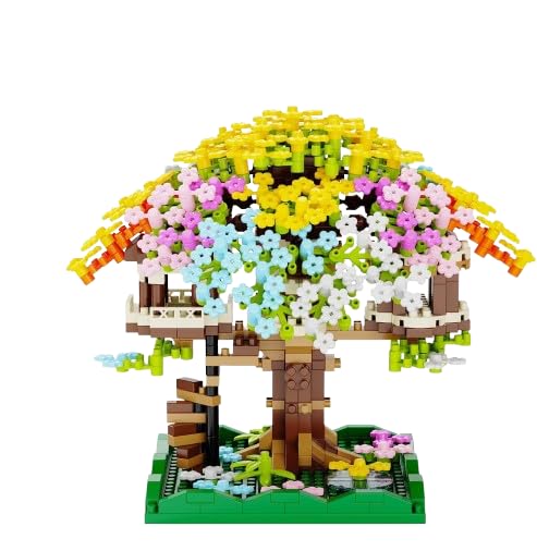 Image of SKY LINE OCEAN Colorful Cherry Blossom Tree Building Set with LED Lights (Complex only for 14+) | Sakura Bonsai Tree House Mini Blocks Kit with Flowers, Decorative Construction Model for Home Display