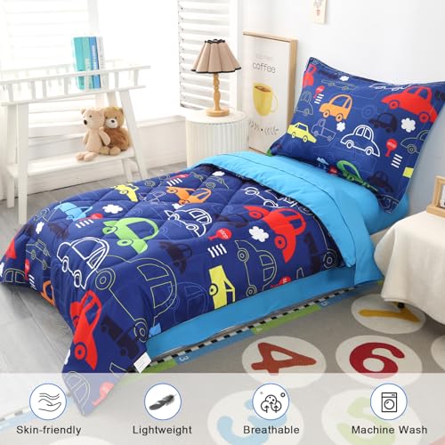 Image of Toddler Bedding Set Car, 4 Piece Toddler Bedding Set for Boys, Includes Car Toddler Bed Comforter, Flat Sheet, Fitted Sheet and Pillowcase, Blue